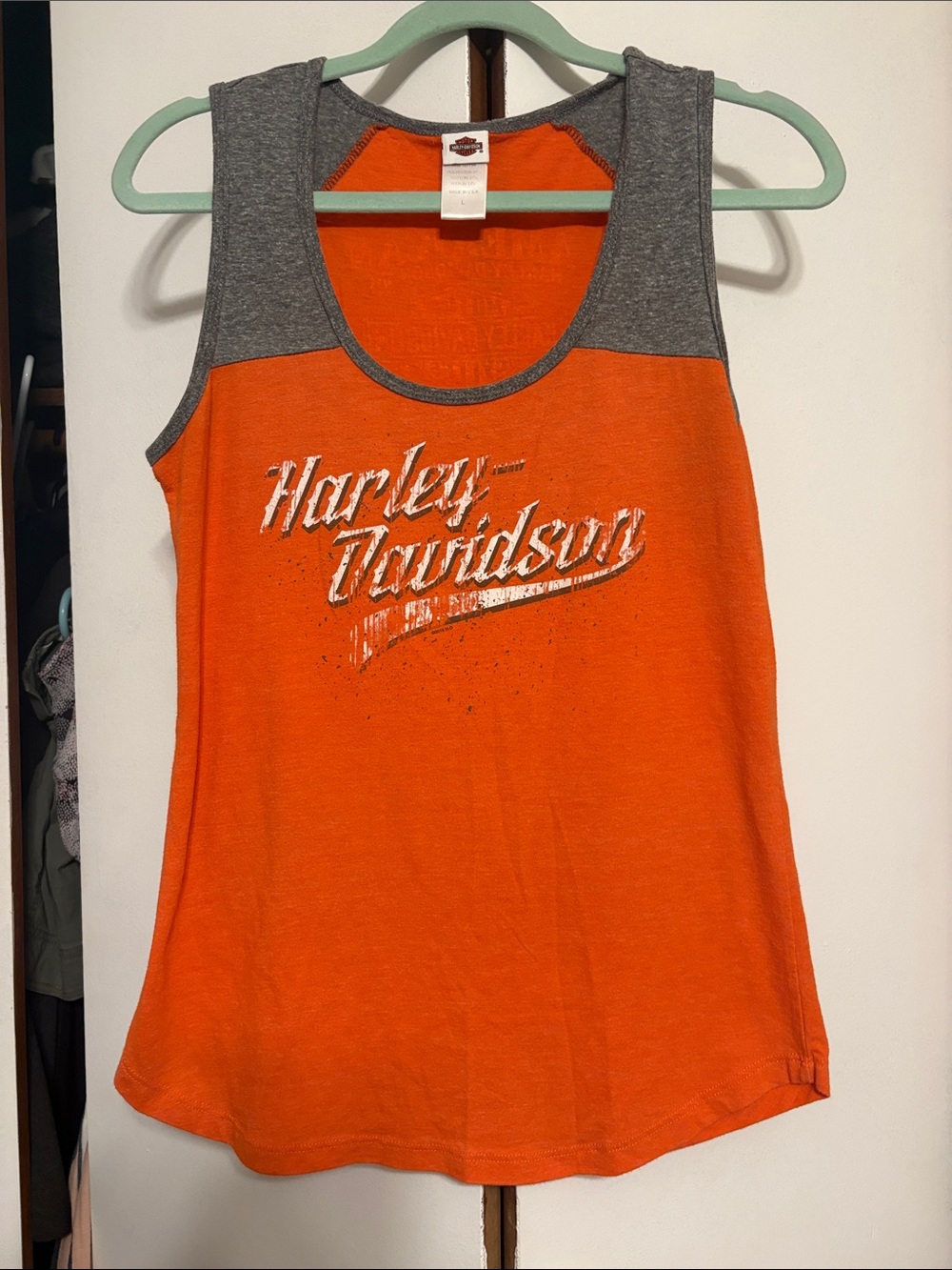 Vintage Harley-Davidson Orange Tank with Gray Shoulder Panels